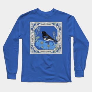 Lark Bunting And Colorado Blue Columbine In Decorative Border Long Sleeve T-Shirt